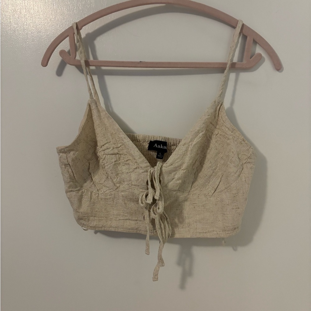 Aakaa Beige Textured Short Crop Top Beachy Boho Feminine Vibes